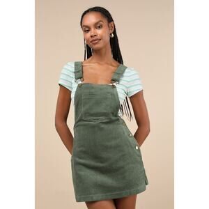 Lulus Adorable Ease Olive Green Corduroy Skort Overalls - Size M